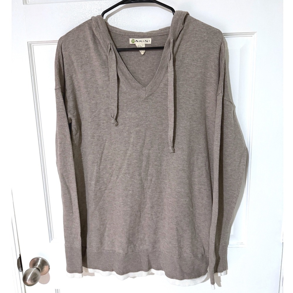 Dakini Womens Taupe Brown V-Neck Hooded Knit Sweater Size Medium Layered Hem